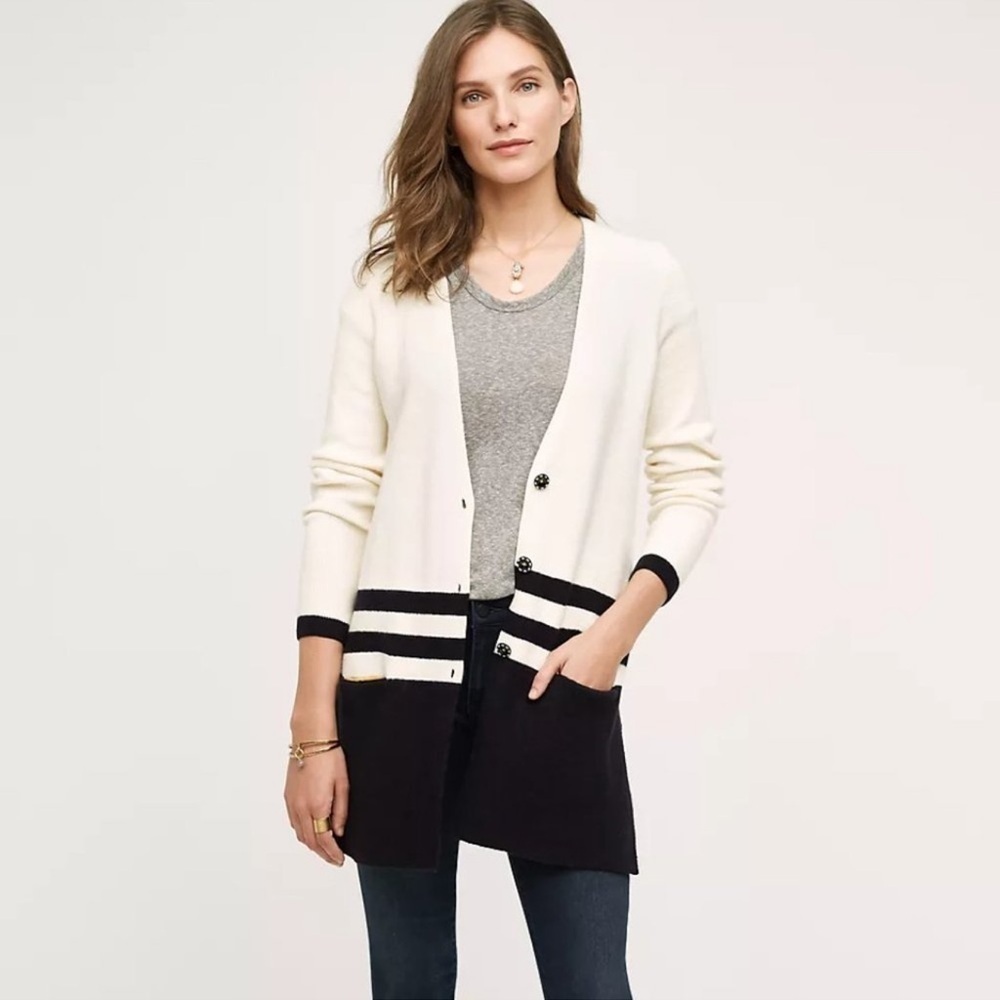 Anthropologie Angel of North Cream Navy Striped Tunic Wool Blend Cardigan Small